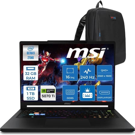 MSI Msı Raider 16 Hx B2WH-091TR Intel Ultra 9 275HX Aı 32GB Ddr5 1tb SSD 12GB/RTX5070Tİ 140W 16" QHD+(2560X1600), 240Hz IPS 100% Dcı-P3 Freedos Gaming Laptop MSW091TRF11+ZETTAÇANTA