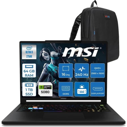 MSI Msı Raider 16 Hx B2WI-021TR Intel Ultra 9 275HX Aı 64GB Ddr5 1tb SSD 16GB/RTX5080 175W 16" QHD+(2560X1600), 240Hz IPS 100% Dcı-P3 Freedos Gaming Laptop MSW021TRF27+ZETTAÇANTA