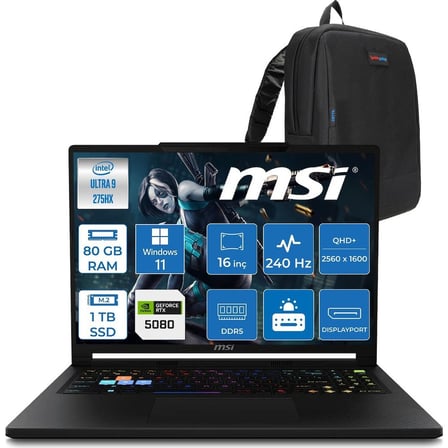 MSI Msı Raider 16 Hx B2WI-021TR Intel Ultra 9 275HX Aı 80GB Ddr5 1tb SSD 16GB/RTX5080 175W 16" QHD+(2560X1600), 240Hz IPS 100% Dcı-P3 WINDOWS11PRO Gaming Laptop MSW021TRP35+ZETTAÇANTA