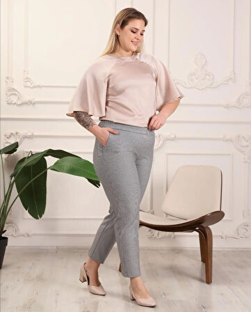 Gabardin Kumaş Gri  Büyük Beden Arka Lastikli Pantolon