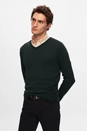 Ds Damat Regular Fit Haki Düz V Yaka Triko Kazak 5HF06ORT12003 5HF06ORT12003