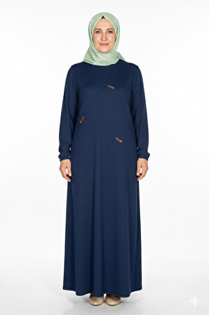 Hesna Kadın Deren Büyük Beden Düğme Detaylı Fitilli İndigo Elbise