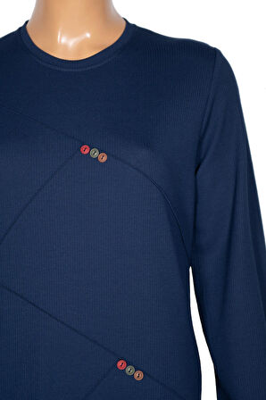 Hesna Kadın Deren Büyük Beden Düğme Detaylı Fitilli İndigo Elbise