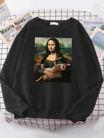 T shirt Mona Lisa sarılma kedi Kawaii kadın Hoodies moda rahat Hoodie boy gevşek tişörtü sıca