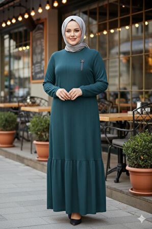 Hesna Kadın Derya Fitilli Doku Eteği Farbalı Broşlu Petrol Elbise