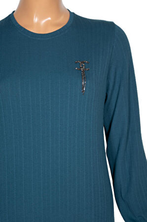 Hesna Kadın Derya Fitilli Doku Eteği Farbalı Broşlu Petrol Elbise