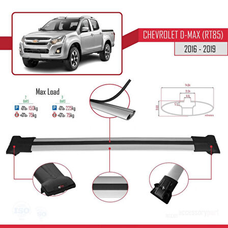 Chevrolet D-Max (RT85) 2016-2019 Arası ile Uyumlu FLY Model Ara Atkı Tavan Barı Gri 2 Adet