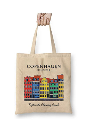 Copenhagen Kopenhag Danimarka Beyaz Bez Çanta Uzun Saplı Alışveriş Çantası Plaj Çantası
