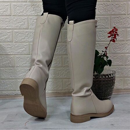 Pierre Cardin 52500 Krem  Fermuarlı 43cm İçi Kürklü Kadın Çizme