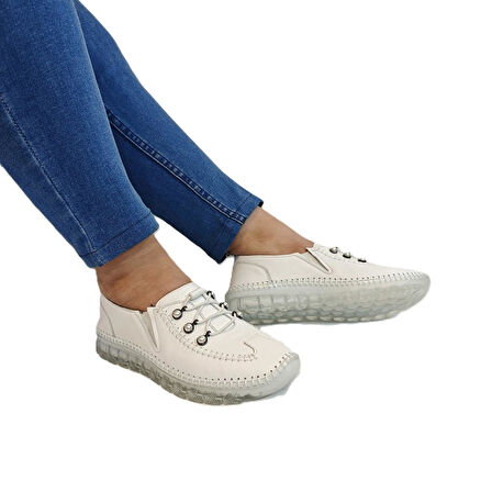 Voyager 9871 Beyaz Hakiki Deri Boncuklu Kadın Ayakkabı