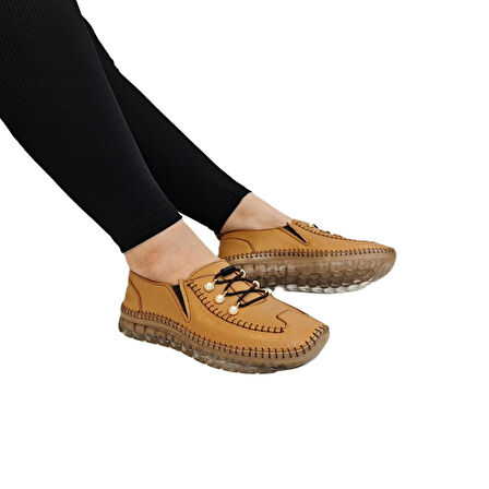 Voyager 9871 Açık Kahve Hakiki Deri Boncuklu Kadın Ayakkabı