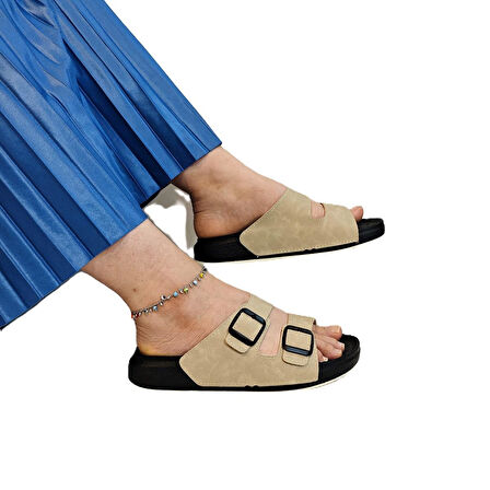 Pierre Cardin 7410 Krem Çift Tokalı Yumuşak Taban Rahat Terlik