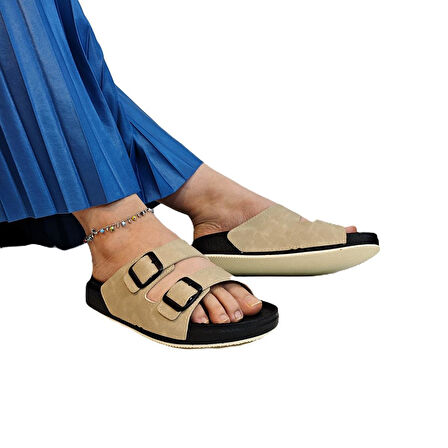 Pierre Cardin 7410 Krem Çift Tokalı Yumuşak Taban Rahat Terlik