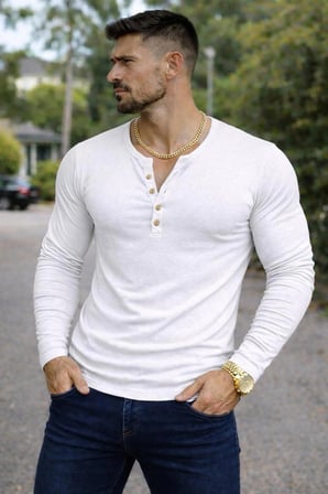 BYBÜLENT Özel Üretim Uzun Kollu Beyaz Henley Yaka düğmeli Dar Kesim Açık Geniş Yaka Tişört T-Shirt