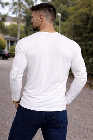 BYBÜLENT Özel Üretim Uzun Kollu Beyaz Henley Yaka düğmeli Dar Kesim Açık Geniş Yaka Tişört T-Shirt