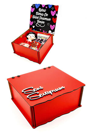 Kırmızı Ahşap Kutuda Sürpriz  Hediye Seti