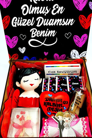 Kırmızı Ahşap Kutuda Sürpriz  Hediye Seti