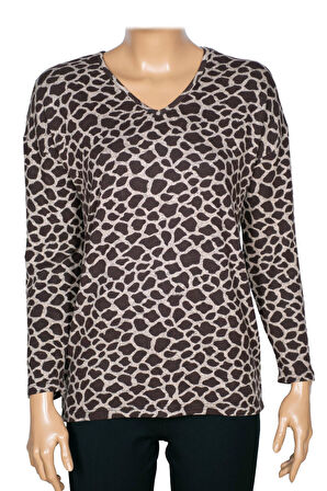 Barem Kadın Lina Büyük Beden Kışlık V Yaka Yumoş Kahve Bluz D09