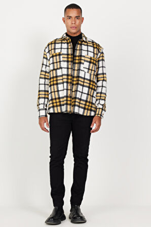 Erkek Hardal-sıyah Oversize Bol Kesim Düğmeli Yaka Cepli Ekose Desenli Oduncu Gömlek Ceket