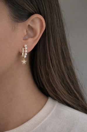 Çelik Gold Taş ve İnci Çift Sıra Görünümlü Sallantılı Yıldız Zarif Le Pearl Küpe -kararma yapmaz-