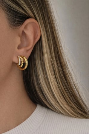 Çelik Gold 3lü Halka Görünümlü Taşlı Romance Küpe -kararma yapmaz-