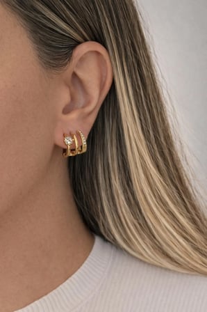 Çelik Gold 3lü Halka Görünümlü Taşlı Zarif Agathe Küpe -kararma yapmaz-