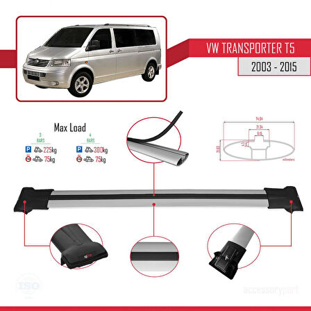 Volkswagen T5 Transporter 2003-2015 Arası ile Uyumlu FLY Model Ara Atkı Tavan Barı Gri 3 Adet