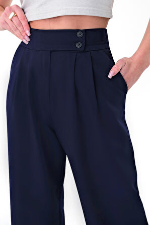 Kadın Lacivert Çift Düğmeli Palazzo Pantolon