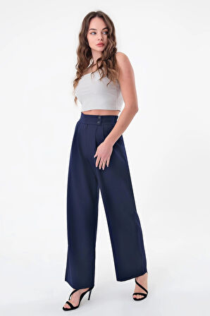 Kadın Lacivert Çift Düğmeli Palazzo Pantolon