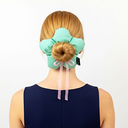 WoodyCord El Yapımı Mint Yeşili Pembe Fiyonklu Çiçek Scrunchie Topuz Tokası
