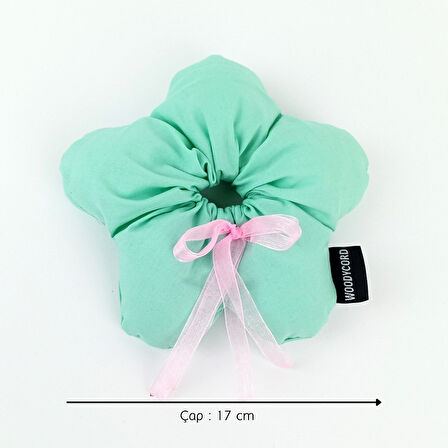 WoodyCord El Yapımı Mint Yeşili Pembe Fiyonklu Çiçek Scrunchie Topuz Tokası