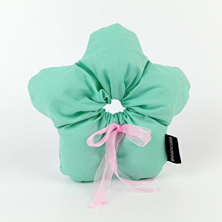 WoodyCord El Yapımı Mint Yeşili Pembe Fiyonklu Çiçek Scrunchie Topuz Tokası