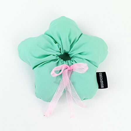 WoodyCord El Yapımı Mint Yeşili Pembe Fiyonklu Çiçek Scrunchie Topuz Tokası