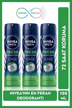 Nivea Men Fresh Sensation Sprey Deodorant 150 ml X3,72 Saat Anti-perspirant Koruma,uzun Süren Ferahl