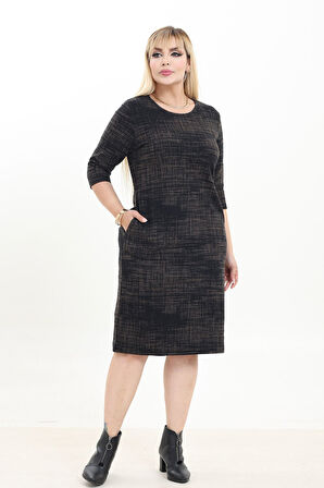 Çift Cepli Desenli Esnek Kışlık Büyük Beden Midi Elbise 37D-2741