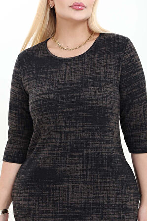 Çift Cepli Desenli Esnek Kışlık Büyük Beden Midi Elbise 37D-2741