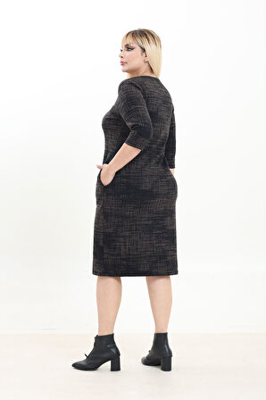 Çift Cepli Desenli Esnek Kışlık Büyük Beden Midi Elbise 37D-2741