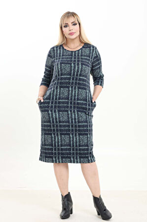 Çift Cepli Desenli Esnek Kışlık Büyük Beden Midi Elbise 37D-2744 - kopya