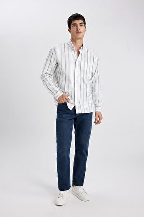 DeFacto Relax Fit Polo Yaka Çizgili Oxford Uzun Kollu Gömlek B3679AX24SPGN900