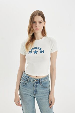 DeFacto Fitted Bisiklet Yaka Baskılı Ribana Kısa Kollu Tişört D1986AX24SMWT32