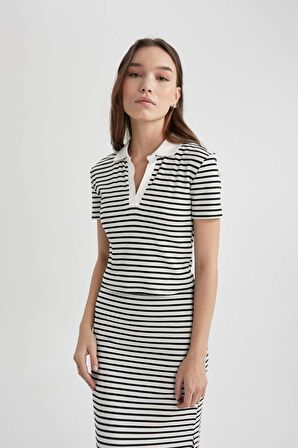 DeFacto Fitted Çizgili Polo Yaka Kısa Kollu Tişört A0380AX24SMWT32