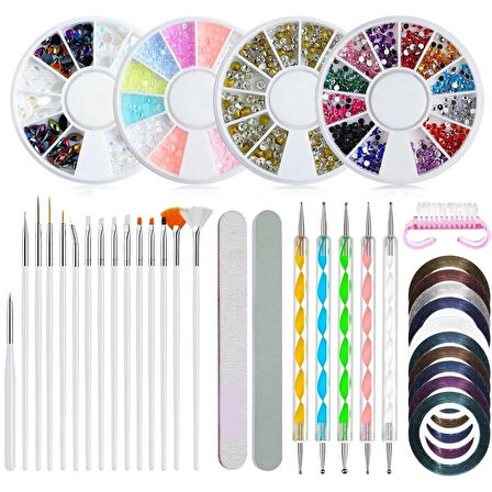 Nail Art Tırnak Süsleme Seti - Renkli Taşlar, Çizgi Bant, Törpü ve Nail Art Aksesuarları