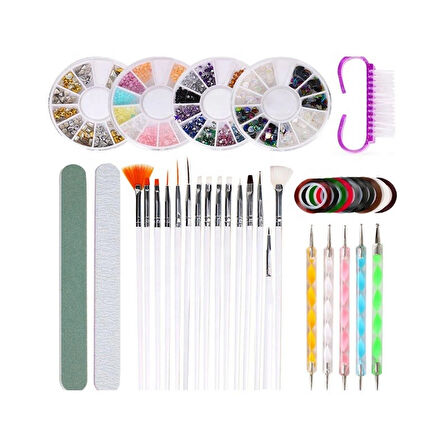 Profesyonel 37 Parça Tırnak Süsleme Seti - Taş Paleti + Çizgi Bant + Uygulama Fırçaları + Törpü