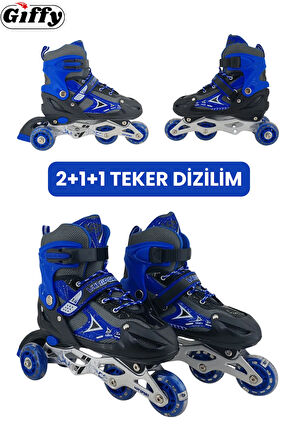 VR1 - Sport Metal Işıklı Ayarlanabilir Alıştırma Pateni 2+1+1 Uç Kısım Korumalı Slikon Teker