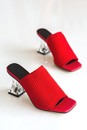 Günlük Kadın Çizgili Triko Terlik 7 cm Şeffaf Topuklu Ayakkabı 3800