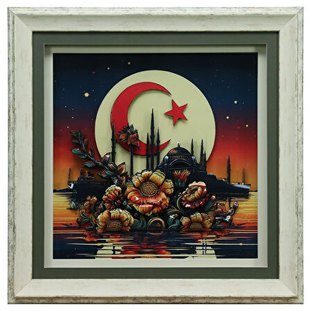 e38 EL İŞÇİLİĞİ AY YILDIZ  KAĞIT RÖLYEF TABLO 66x66 CM - 6334