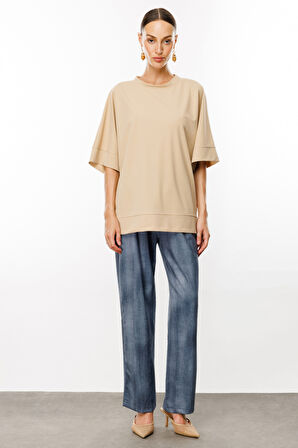 Kadın Sıfır Yaka Salaş Tunik-Kum | L