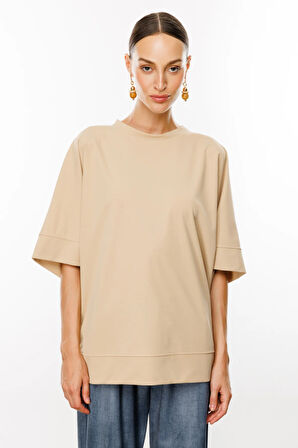 Kadın Sıfır Yaka Salaş Tunik-Kum | L