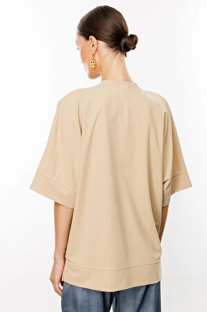 Kadın Sıfır Yaka Salaş Tunik-Kum | L