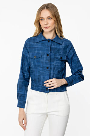 Kadın Cepli Düğmeli Ceket-İndigo | L